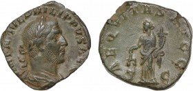 PHILIP I THE ARAB (244-249). Sestertius. Rome.
Obv: IMP M IVL PHILIPPVS AVG.
Laureate, draped and cuirassed bust right.
Rev: AEQVITAS AVGG / S - C.
Ae...