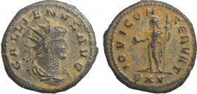 Gallienus. ( AD 267). Antoninianus. Antioch mint. Obv:GALLIENVS AVG, radiate, draped bust right. Rev: IOVI CONSERVAT, Jupiter standing left holding gl...