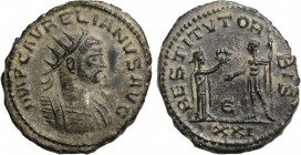AURELIAN (270-275). Antoninianus. Antioch.
Obv: IMP C AVRELIANVS AVG.
Radiate and cuirassed bust right.
Rev: RESTITVT ORBIS / E / XXI.
Female figure (...