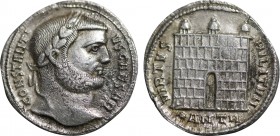 CONSTANTIUS I (Caesar, 293-305). Argenteus. Antioch.
Obv: CONSTANTIVS CAESAR.
Laureate head right.
Rev: VIRTVS MILITVM.
Camp gate, with three turrets ...