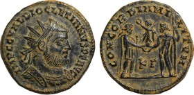 DIOCLETIAN (284-305). Antoninianus. Cyzicus, 295-9. Obv: Radiate, draped and cuirassed bust. Rev: Emperor standing holding sceptre and receiving Victo...