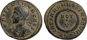 Crispus. Caesar, A.D. 317-326. Æ follis (18 mm, 2.69 g, 6 h). Aquileia, A.D. 321. Obv: CRISPVS NOB CAES, laureate, draped and cuirassed bust of Crispu...
