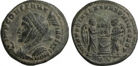 Constantine I (306-337), Nummus, Ticinum. Obv: IMP CONSTANTINVS AVG, helmeted and cuirassed bust l. holding spear over shoulder, Rev:. VICTORIAE LAETA...