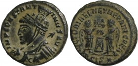 Constantine I (306-337 AD). Nummus. Siscia .
Obv. IMP CONSTANTINVS AVG, Cuirassed bust left, wearing high-crested helmet, holding spear across right s...