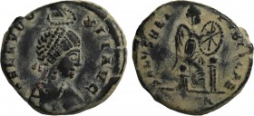 AELIA EUDOXIA (Augusta, 400-404). Ae. Nicomedia. Obv: AEL EVDOXIA AVG. Diademed and draped bust right; manus Dei above. Rev: SALVS REIPVBLICAE. Victor...