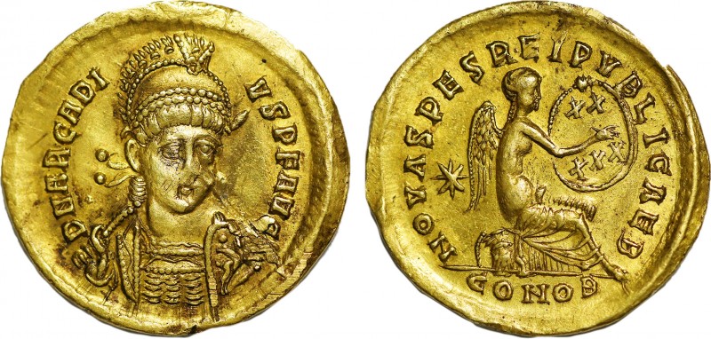 ARCADIUS (383-408). GOLD Solidus. Constantinople.
Obv: D N ARCADIVS P F AVG.
Dia...