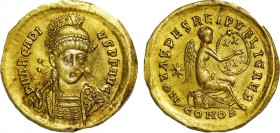 ARCADIUS (383-408). GOLD Solidus. Constantinople.
Obv: D N ARCADIVS P F AVG.
Diademed, helmeted, and cuirassed bust facing slightly right, holding spe...