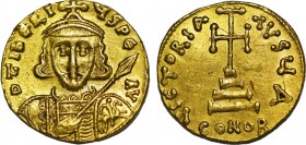 Tiberius III (Apsimar), (698-705). Solidus. Constantinople. Obv: TIbERI-ЧS PE AV Crowned and cuirassed bust of Tiberius III facing, holding spear in h...