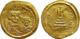 HERACLIUS with HERACLIUS CONSTANTINE (610-641). GOLD Solidus. Constantinople.
Obv: δδ NN ҺЄRACLIЧS ЄT ҺЄRA CONST P P AV.
Crowned and draped facing bus...