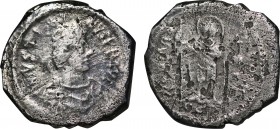 Justin II. (565-578). AR Miliarense. Constantinople mint. Obv: Diademed, draped, and cuirassed bust right / Justin II, Rev: nimbate and in military at...