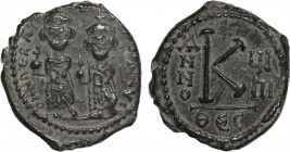 Heraclius and Heraclius Constantine. Ae 20 Nummi. Thessalonica, dated RY 5 = AD 614/15. Obv: [D N] HERA[CL]IЧS P [P ...], Heraclius and Heraclius Cons...