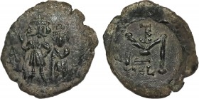 Costantin IV Follis,Sicily. Ae. No legend, Constans (on l.), with long beard, and Costantini IV (on r.) beardless, stage facing, each wearing crown; C...