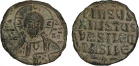 ANONYMOUS FOLLES. Class A2. Attributed to Basil II & Constantine VIII (976-1025). Follis. Constantinople..
Obv: EMMANOVHL / IC - XC.
Facing bust of Ch...