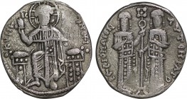 Andronicus II Palaeologus and Michael IX (AD 1294-1320). Anonymous Issue. AR basilicon (22mm, 6h). Constantinople, AD 1304-1320. Obv: KYIЄ-BOHΘЄI, Chr...