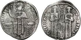 Andronicus II Palaeologus and Michael IX (AD 1294-1320). Anonymous Issue. AR basilicon (22mm, 6h). Constantinople, AD 1304-1320. Obv: KYIЄ-BOHΘЄI, Chr...