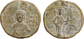 Constantin X Ducas Lead Seal . Uncertain. Obv: Nimbate facing bust of Saint George, Rev: Constantine standing facing, holding labarum with pellet on s...