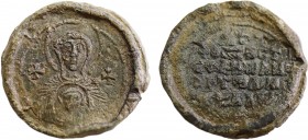 Uncertain Lead Seal . Obv: Nimbate bust of the Virgin Mary, facing, between two crosses, holding a medallion of a facing head of Christ on her chest; ...