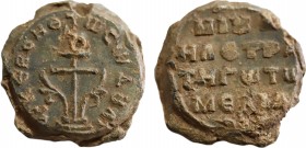 MICHAEL, Protospatharios and Strategos of Seleucia. Circa 10th Century AD. Lead Seal. Ornate double cross on steps ste on globe and within ornate fram...