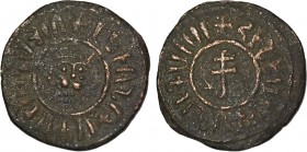 Armenian Kingdom, Cilician Armenia. Levon I. 1198-1219. AE tank . Sis mint. Obv: Crowned lion’s head facing slightly right Rev: Patriarchal cross with...