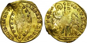 ITALY. Venice. Ludovico Manin (1785-97).GOLD Zecchino.
Obv: LUDOV MANIN S M VENETI / DUX.
Doge kneeling left, holding cross-tipped staff and being b...