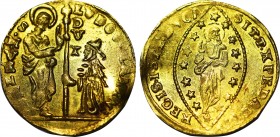 ITALY. Venice. Ludovico Manin (1785-97).GOLD Zecchino.
Obv: LUDOV MANIN S M VENETI / DUX.
Doge kneeling left, holding cross-tipped staff and being b...