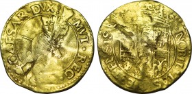 ITALY. Modena. Cesare d'Este (1598-1628). GOLD Ongaro. Obv: CAESAR DVX MVT REG &. Cesare standing right, holding sceptre and sword-in-scabbard. Rev: N...