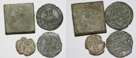 4 Byzantine Coins & Lead Seal & Weight.