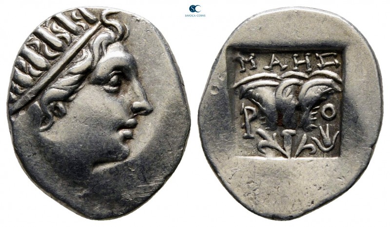 Islands off Caria. Rhodos. ΜΑΗΣ (Maes), magistrate circa 88-84 BC. 
Drachm AR
...