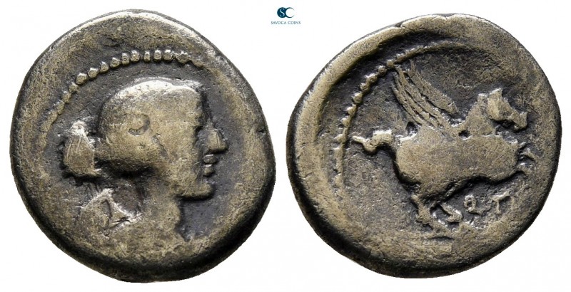 Q. Titius 90 BC. Rome
Quinarius AR

14 mm., 1,88 g.

fine