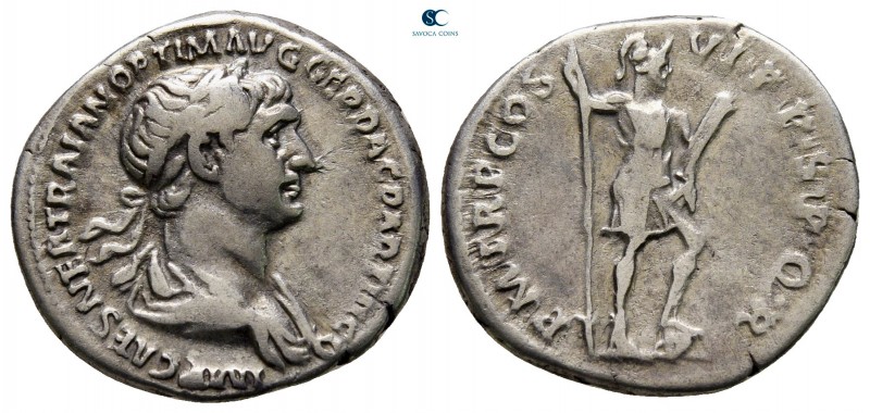 Trajan AD 98-117. Rome
Denarius AR

18 mm., 3,38 g.

very fine