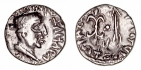 Sátrapas de Gujarat
Nahapana
Dracma. AR. (119-124 d.C.). A/Busto del rey a der., alrededor ley. griega. R/Haz de rayos y flecha, alrededor ley. brah...