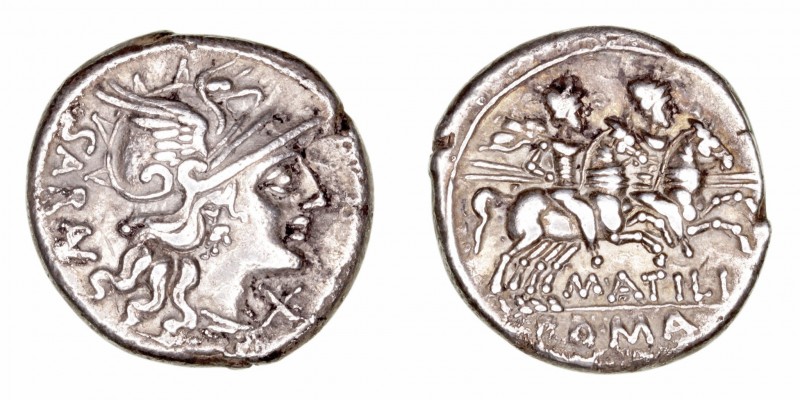 Atilia
Denario. AR. Roma. (148 a.C.). A/Cabeza de Roma a der., delante X, detrá...