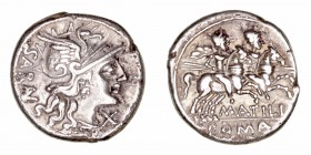 Atilia
Denario. AR. Roma. (148 a.C.). A/Cabeza de Roma a der., delante X, detrás SARAN. R/Los Dioscuros a caballo a der., debajo M · ATILI y en exerg...