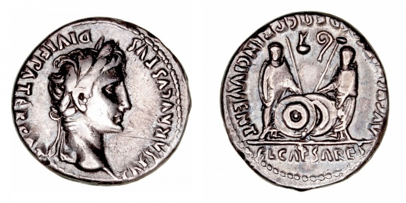 Augusto
Denario. AR. Lugdunum. (27 a.C.-14 d.C.). R/Cayo y Lucio togados, con s...