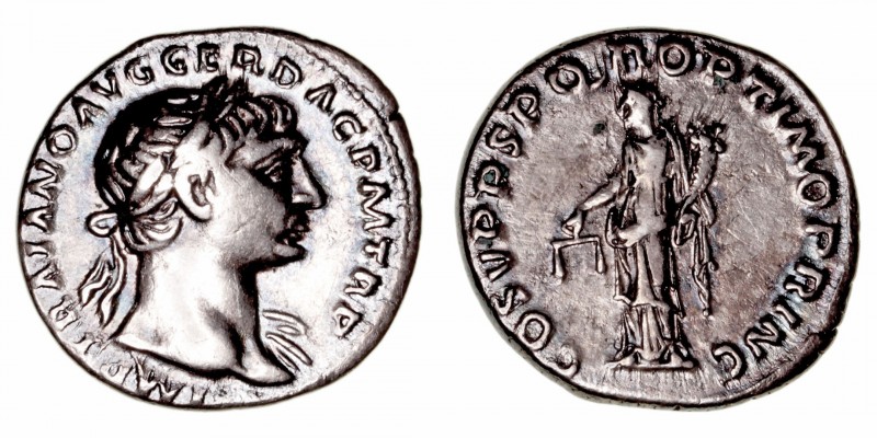 Trajano
Denario. AR. Roma. (98-117). R/COS. V P.P. S.P.Q.R. OPTIMO PRINC. 3.28g...