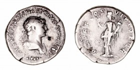 Trajano
Dinero. AR. Roma. (98-117). R/P.M. TR.P. COS. VI P.P. S.P.Q.R. La Felicidad portando caduceo y cornucopia. 3.13g. RIC.343. BC+.