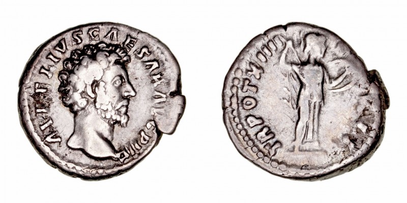 Marco Aurelio
Denario. AR. Roma. (161-180). R/TR. POT. XIIII COS. II. Minerva a...