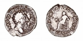 Marco Aurelio
Denario. AR. Roma. (161-180). R/CONCORD. AVG. TR. P. XVII, en exergo COS. III. Concordia sentada a izq. 2.98g. RIC.59. Algo sucio. (MBC...