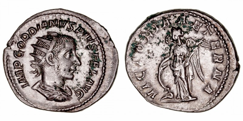 Gordiano III
Antoniniano. AR. (238-244). R/VICTORIA AETERNA. 4.03g. RIC.156. Pu...
