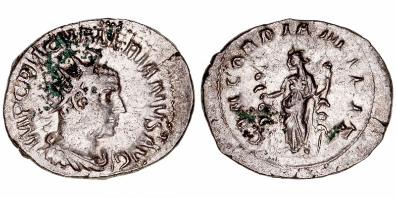 Valeriano I
Antoniniano. AR. (253-260). R/CONCORDIA MILIT. 3.77g. RIC.-. Puntos...