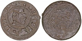 Felipe IV
16 Maravedís. AE. Madrid Y. 16.. Acuñada sobre una moneda de Felipe II o III resellada. 3.57g. Curiosa. (MBC).