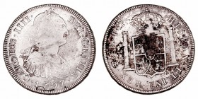 Carlos IV
8 Reales. AR. Potosí PP. 1797. 26.85g. Cal.720. Mancha por oxidación en reverso. Escasa. (MBC-/BC-).