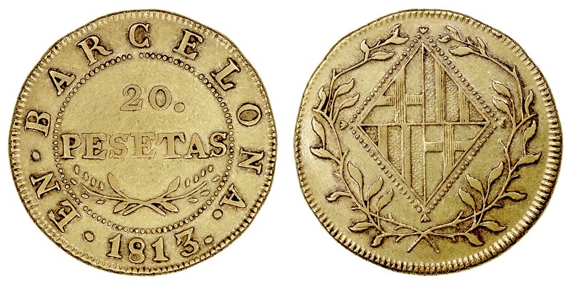 José I
20 Pesetas. AV. Barcelona. 1813. 6.71g. Cal.5. Muy bonita pieza. Rara as...