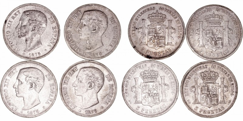 Alfonso XII
5 Pesetas. AR. 1875 DEM. Lote de 4 monedas. Cal.35 (2019). Estrella...