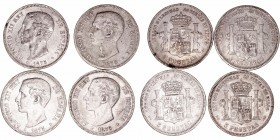 Alfonso XII
5 Pesetas. AR. 1875 DEM. Lote de 4 monedas. Cal.35 (2019). Estrellas no visibles. (BC a BC-).