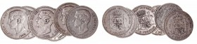 Alfonso XII
5 Pesetas. AR. 1875 DEM. Lote de 6 monedas. Cal.35 (2019). Estrellas no visibles. (BC+ a BC).