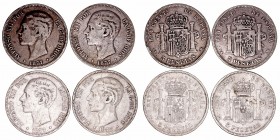 Alfonso XII
5 Pesetas. AR. 1877 DEM. Lote de 4 monedas. Cal.38 (2019). Estrellas no visibles. (BC a BC-).