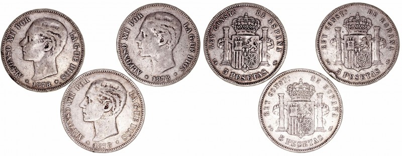 Alfonso XII
5 Pesetas. AR. 1878 DEM. Lote de 3 monedas. Cal.39 (2019). Estrella...