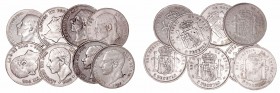 Alfonso XII
5 Pesetas. AR. 1885 MSM. Lote de 8 monedas. Cal.-. Estrellas no visibles. (BC+ a BC-).