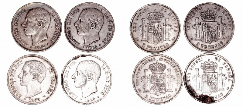 Alfonso XII
5 Pesetas. AR. Lote de 4 monedas. 1875, 1883 y 1884 (2). Estrellas ...